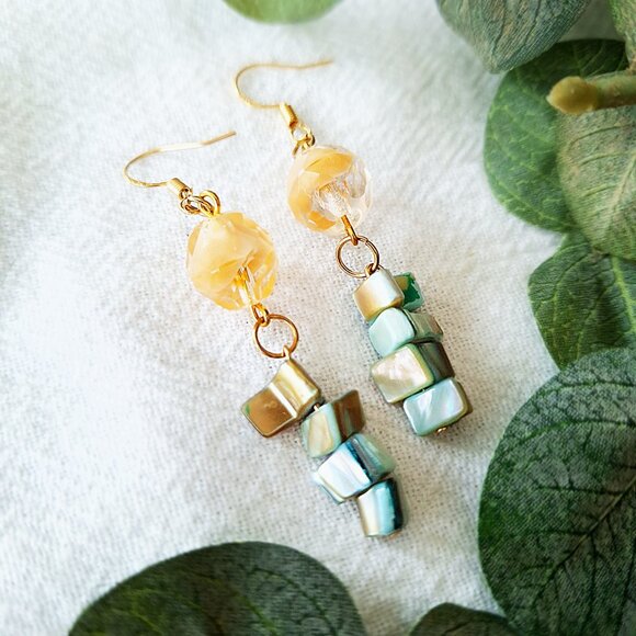 Handmade Mother of Pearl Earrings – Boho Chic Gold Dangle, Coastal Cowgirl - Picture 2 of 7